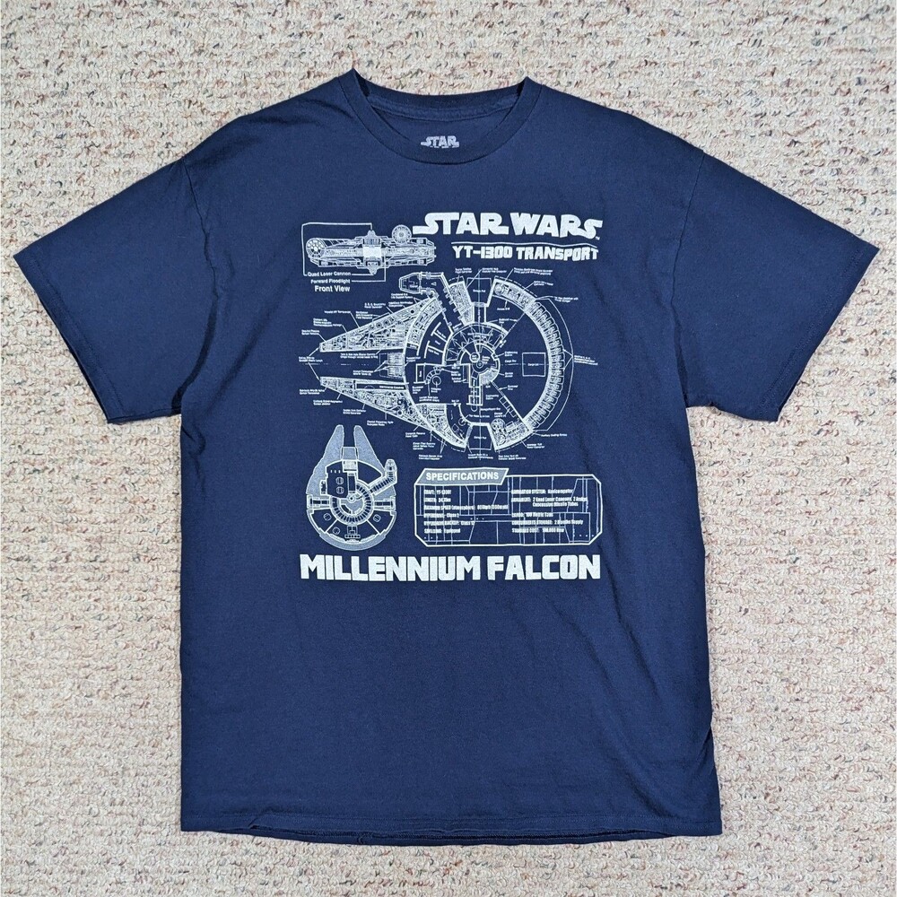 Star Wars T-Shirt Millenium Falcon Schematics YT-1300 Transport Mens Large Navy